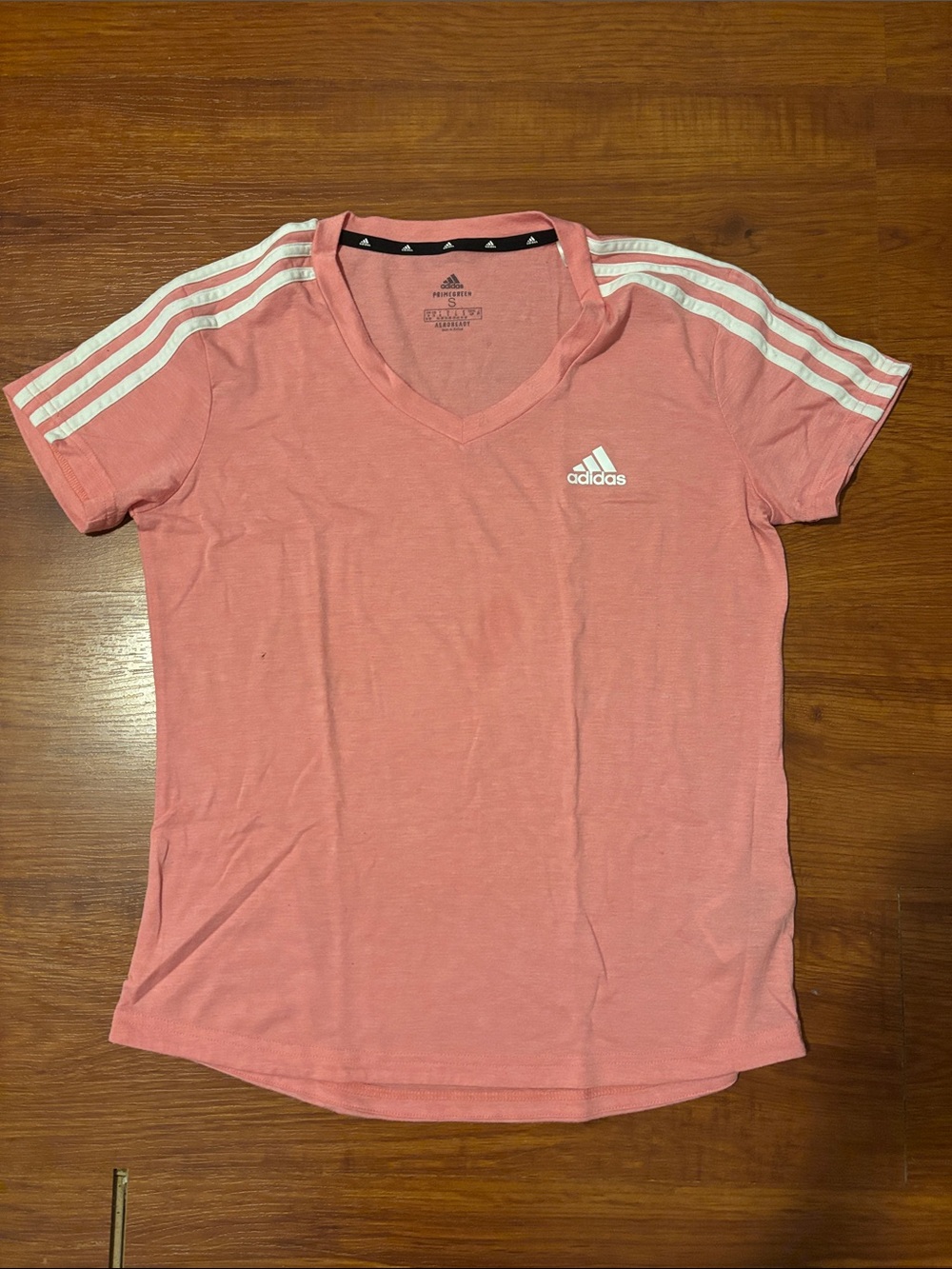 adidas Pink V-Neck Short Sleeve Tee with White Stripes